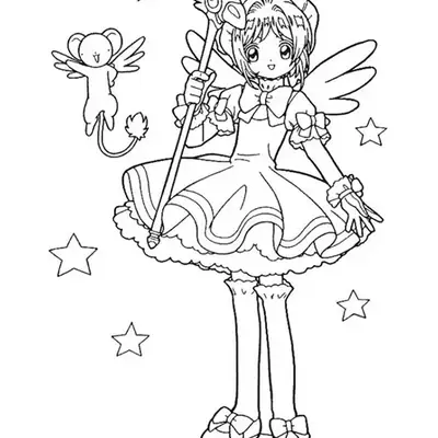 Desenho de contorno da Sakura Kinomoto usando vestido de babados, asas e segurando seu báculo mágico, cercada por estrelas; Kero voa ao seu lado.