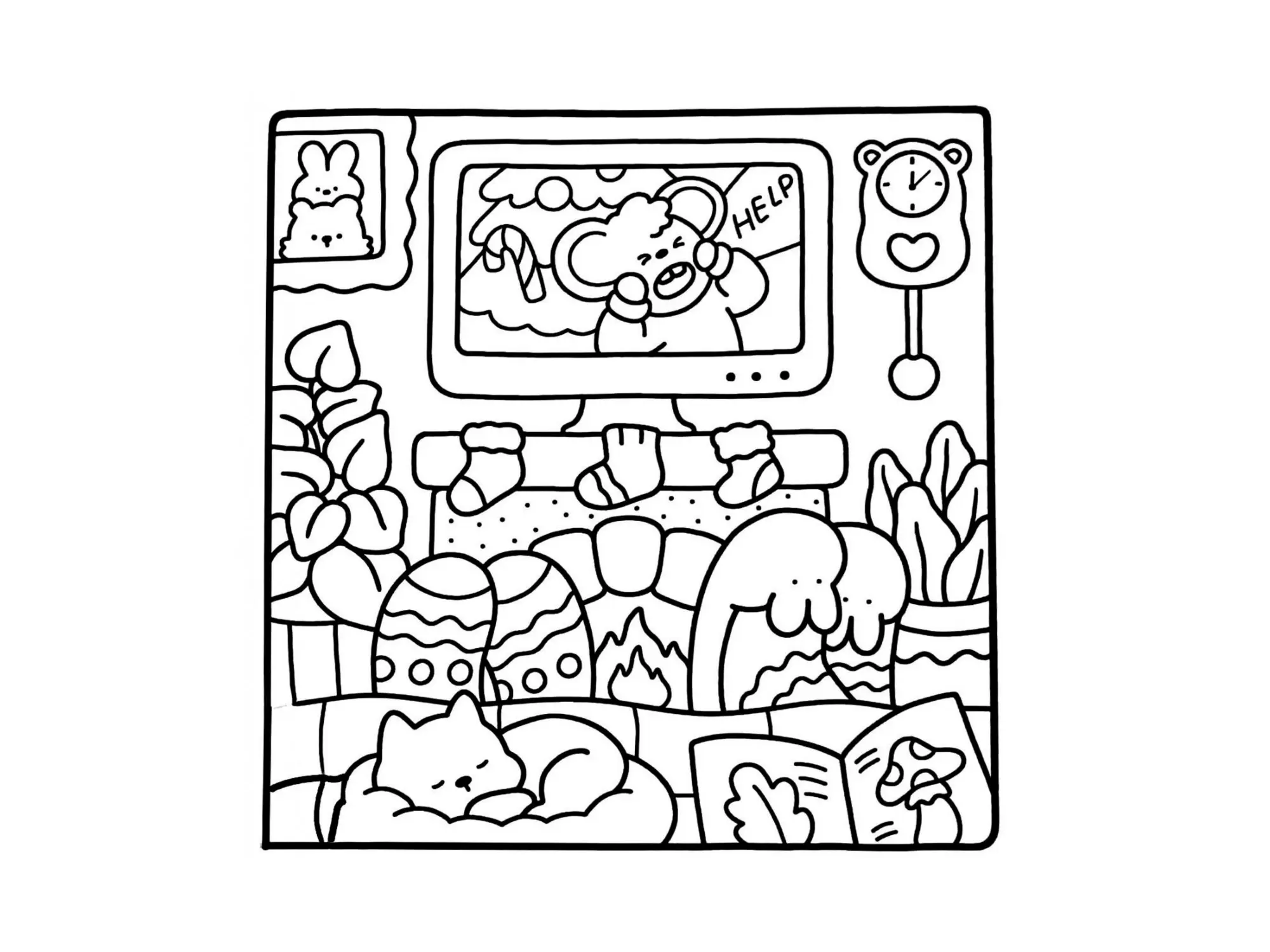Desenho de contorno de uma sala com lareira, fogo aceso, três meias de Natal, um gato dormindo no cesto e uma televisão mostrando um ratinho.