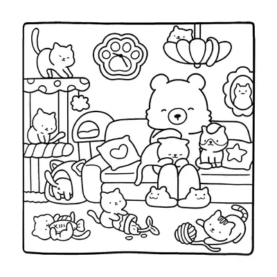 Desenho de linha de uma sala com um urso sentado no sofá rodeado por gatinhos, arranhadores, novelo de lã e um relógio em formato de pata.