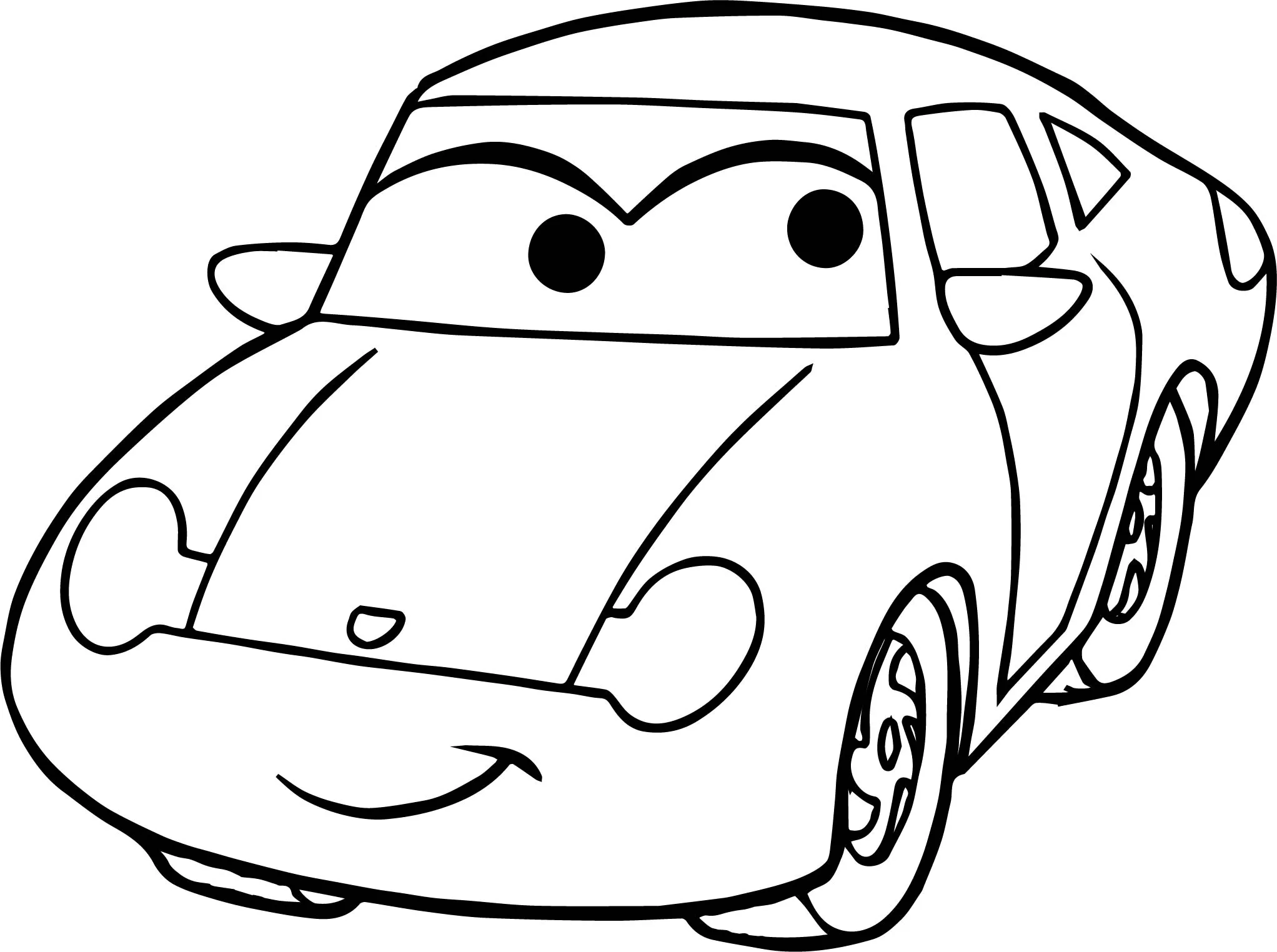 Desenho de contorno da personagem Sally Carrera do filme Carros, um Porsche 911 azul com olhos expressivos e sorriso simpático.
