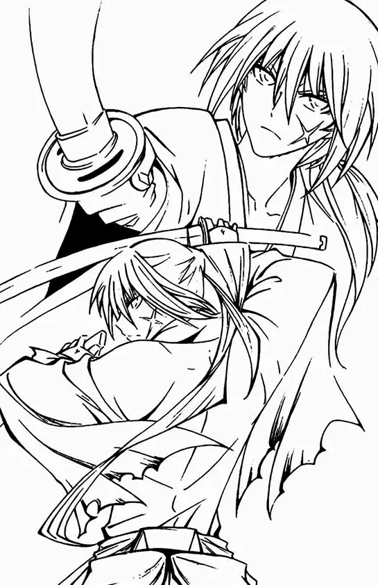Desenho de contorno em preto e branco de Kenshin Himura do anime Samurai X. Ele tem uma cicatriz em forma de X na bochecha, cabelos longos e segura uma katana.