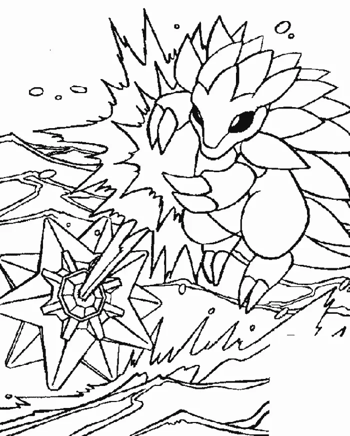 Desenho de contorno em preto e branco do Pokémon terrestre Sandslash atacando a Starmie, que está posicionada sobre rochas no chão.