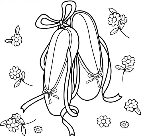 Desenho de contorno de um par de sapatilhas de ponta penduradas pelos laços, cercadas por várias flores de cinco pétalas espalhadas.