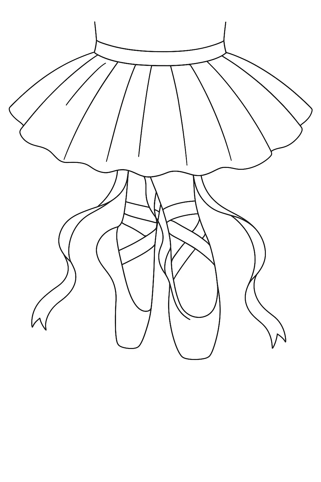 Desenho de contorno em preto e branco focado da cintura para baixo de uma bailarina, mostrando o tutu e sapatilhas de ponta com fitas soltas.