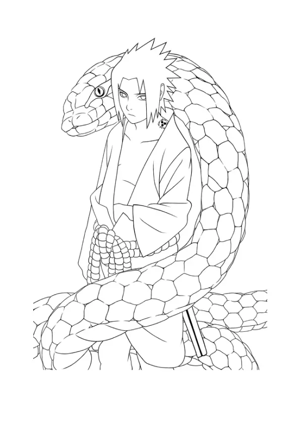 Desenho de contorno em preto e branco do Sasuke Uchiha com uma cobra gigante enrolada ao fundo, exibindo a marca da maldição no pescoço.