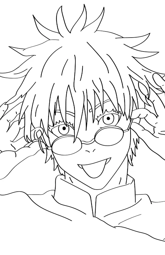 Desenho de contorno em preto e branco de Satoru Gojo, de Jujutsu Kaisen. Ele usa óculos redondos, tem cabelo branco espetado e está com a língua para fora.