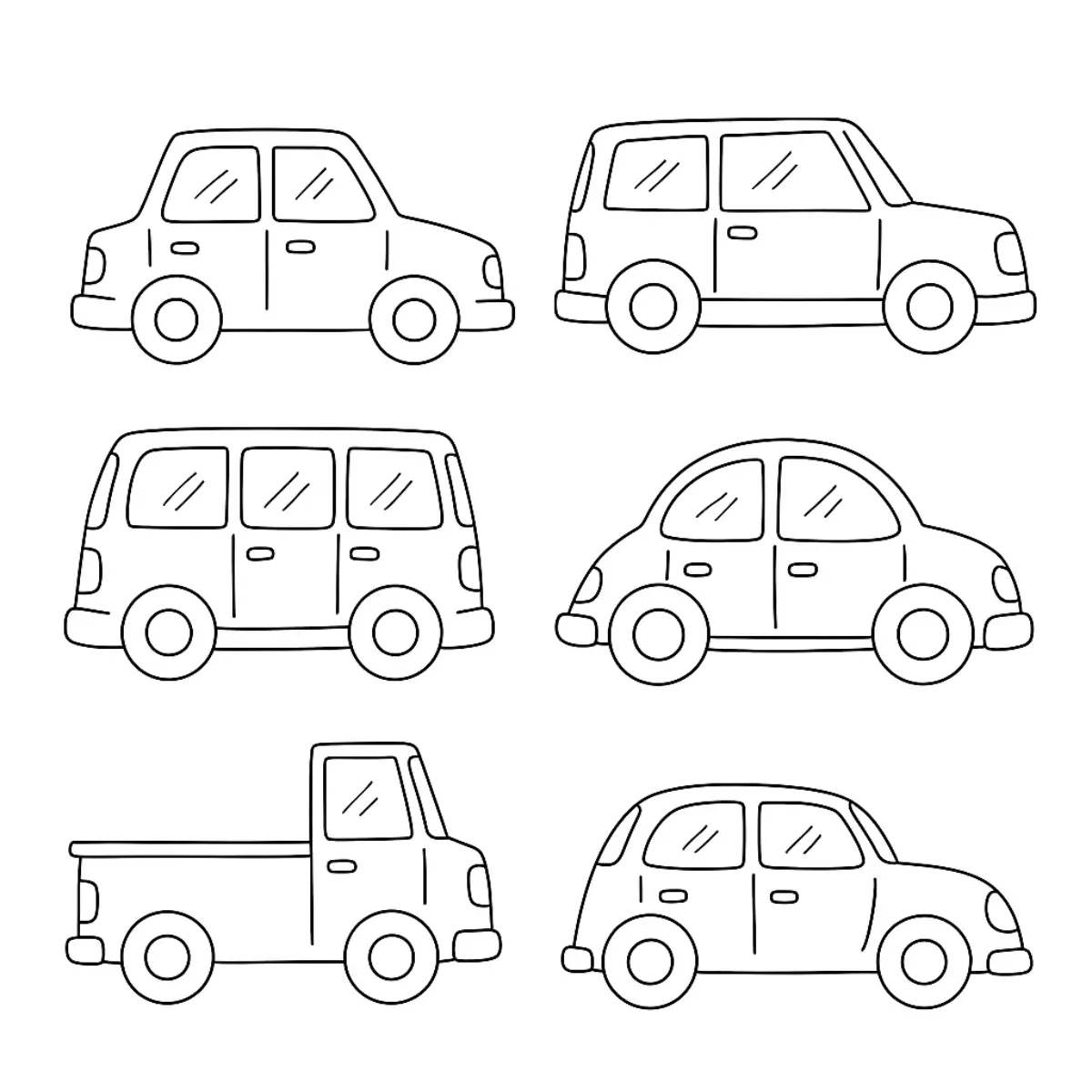Desenho de contorno simples de seis veículos diferentes organizados em duas colunas: sedan, SUV, van, fusca, picape e um carro compacto.