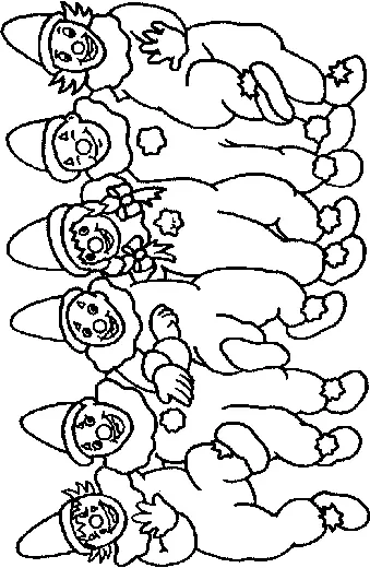 Desenho de contorno de seis palhaços pequenos dispostos em uma fileira vertical, usando chapéus de cone, golas de folhos e roupas com pompons.