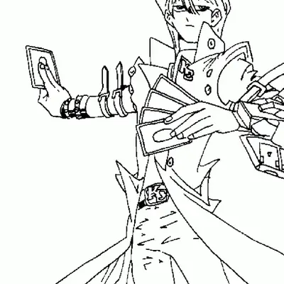 Desenho de contorno em preto e branco de Seto Kaiba segurando cartas de duelo, vestindo seu sobretudo longo de gola alta e cinto com logo KC.