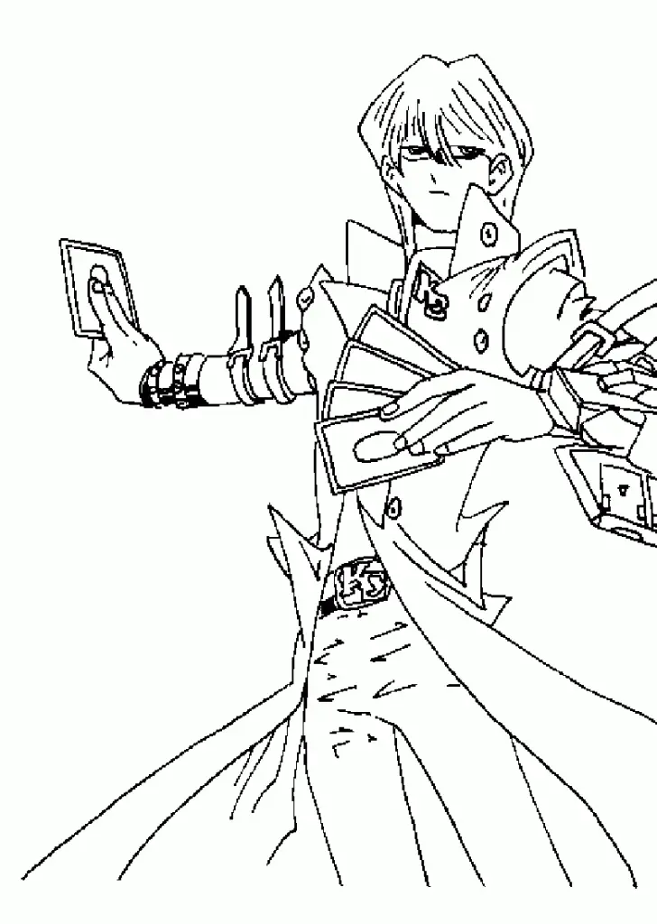Desenho de contorno em preto e branco de Seto Kaiba segurando cartas de duelo, vestindo seu sobretudo longo de gola alta e cinto com logo KC.
