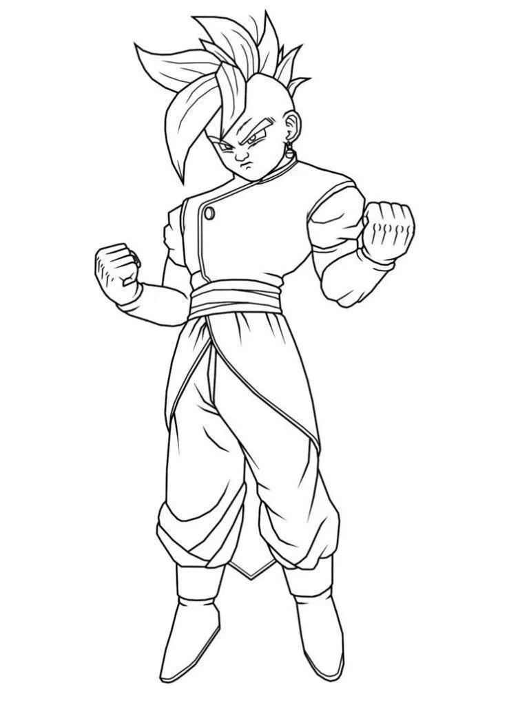 Desenho de contorno em preto e branco do personagem Shin de Dragon Ball, em pé, com as mãos fechadas em punho, vestindo túnica sagrada e brincos.