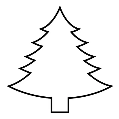 Desenho de contorno preto básico de uma árvore de Natal (pinheiro) com cinco níveis de galhos pontiagudos e um tronco pequeno, sem enfeites internos.