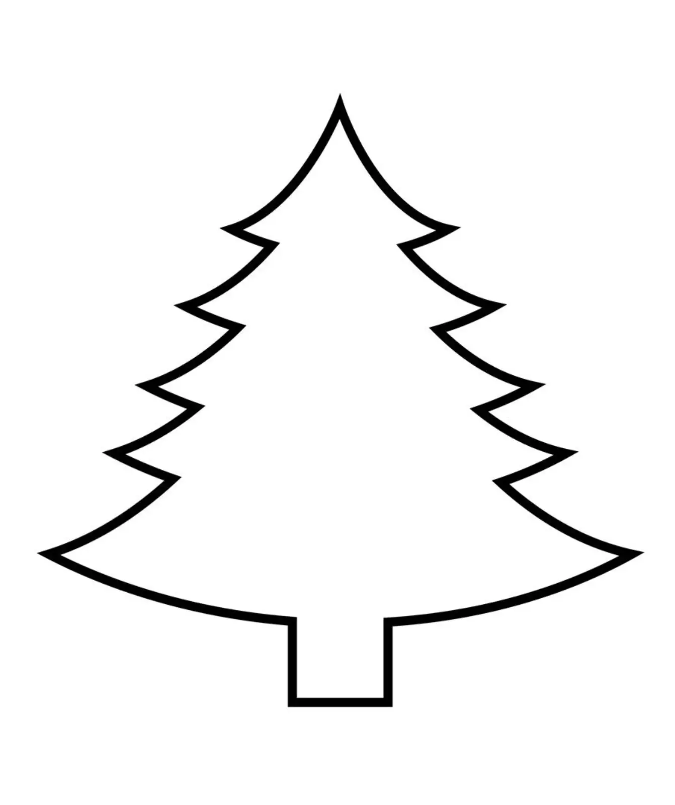 Desenho de contorno preto básico de uma árvore de Natal (pinheiro) com cinco níveis de galhos pontiagudos e um tronco pequeno, sem enfeites internos.