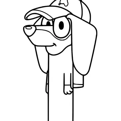 Desenho de contorno do personagem Snickers da série Bluey, um cachorro Dachshund usando um boné azul, sorrindo em um gramado.