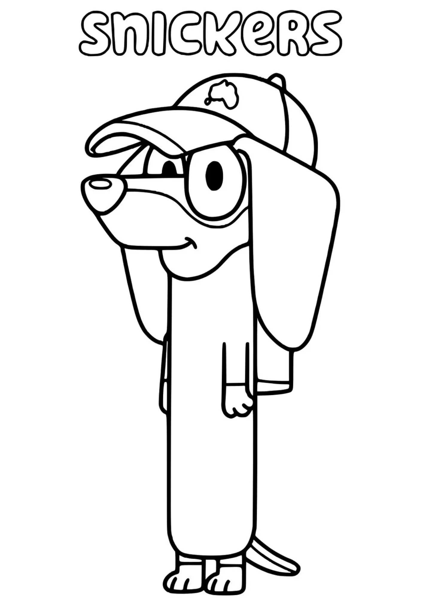 Desenho de contorno do personagem Snickers da série Bluey, um cachorro Dachshund usando um boné azul, sorrindo em um gramado.