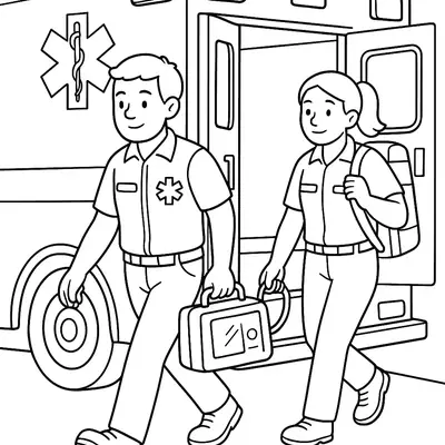 Desenho de contorno de dois socorristas (um homem e uma mulher) em uniforme, caminhando rapidamente. O homem carrega um monitorkit de primeiros socorros, e a mulher carrega uma grande mochila de resgate nas costas. A porta traseira da ambulância, com o símbolo da Estrela da Vida, está aberta ao fundo.
