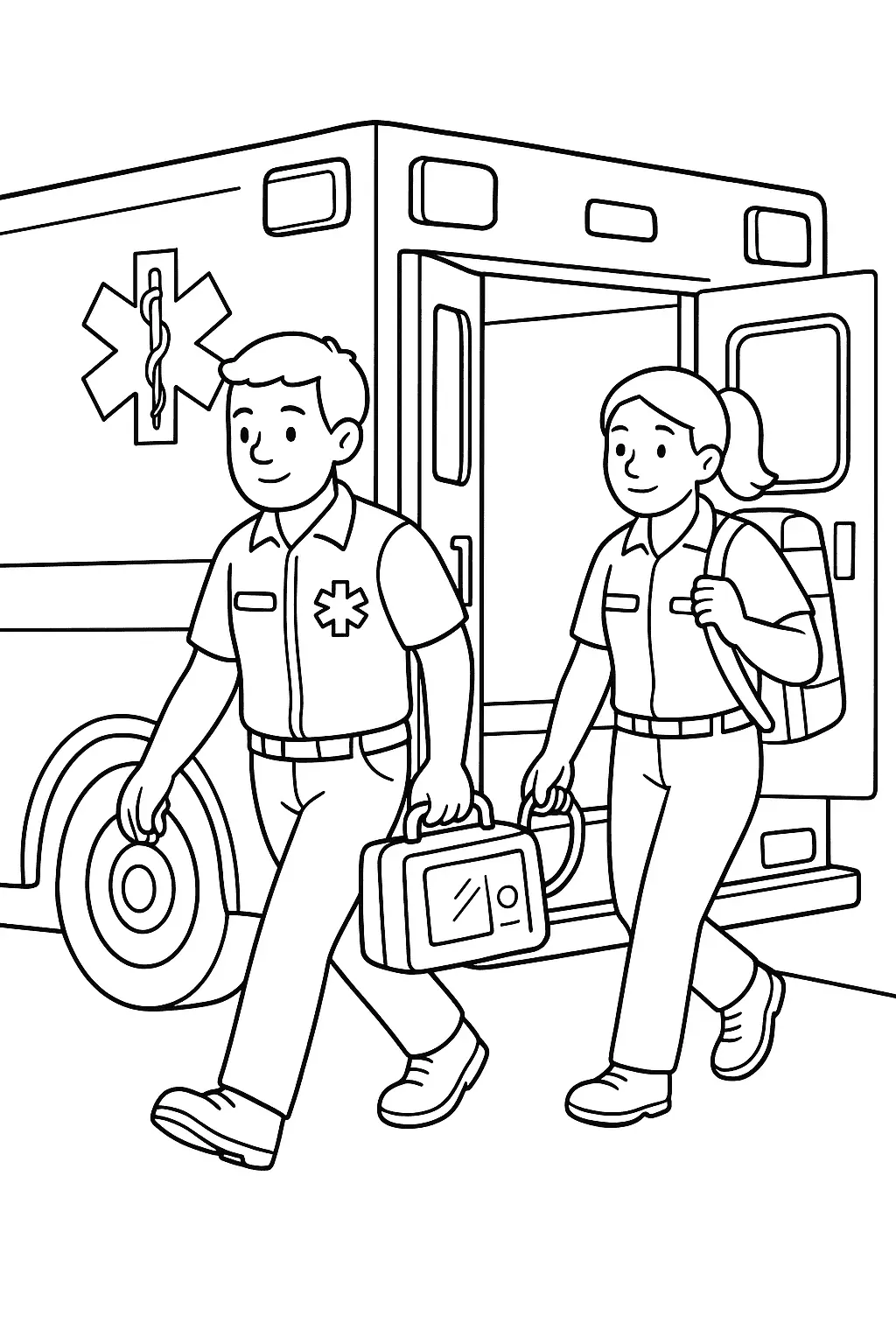 Desenho de contorno de dois socorristas (um homem e uma mulher) em uniforme, caminhando rapidamente. O homem carrega um monitorkit de primeiros socorros, e a mulher carrega uma grande mochila de resgate nas costas. A porta traseira da ambulância, com o símbolo da Estrela da Vida, está aberta ao fundo.