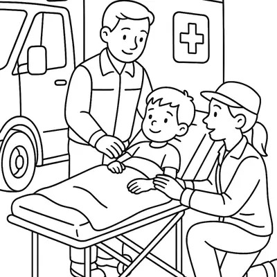 Desenho de contorno de um menino paciente sorrindo deitado em uma maca de emergência. Dois socorristas (um médico em pé e uma socorrista agachada) o atendem com gentileza. Uma ambulância com o símbolo da cruz é visível ao fundo.