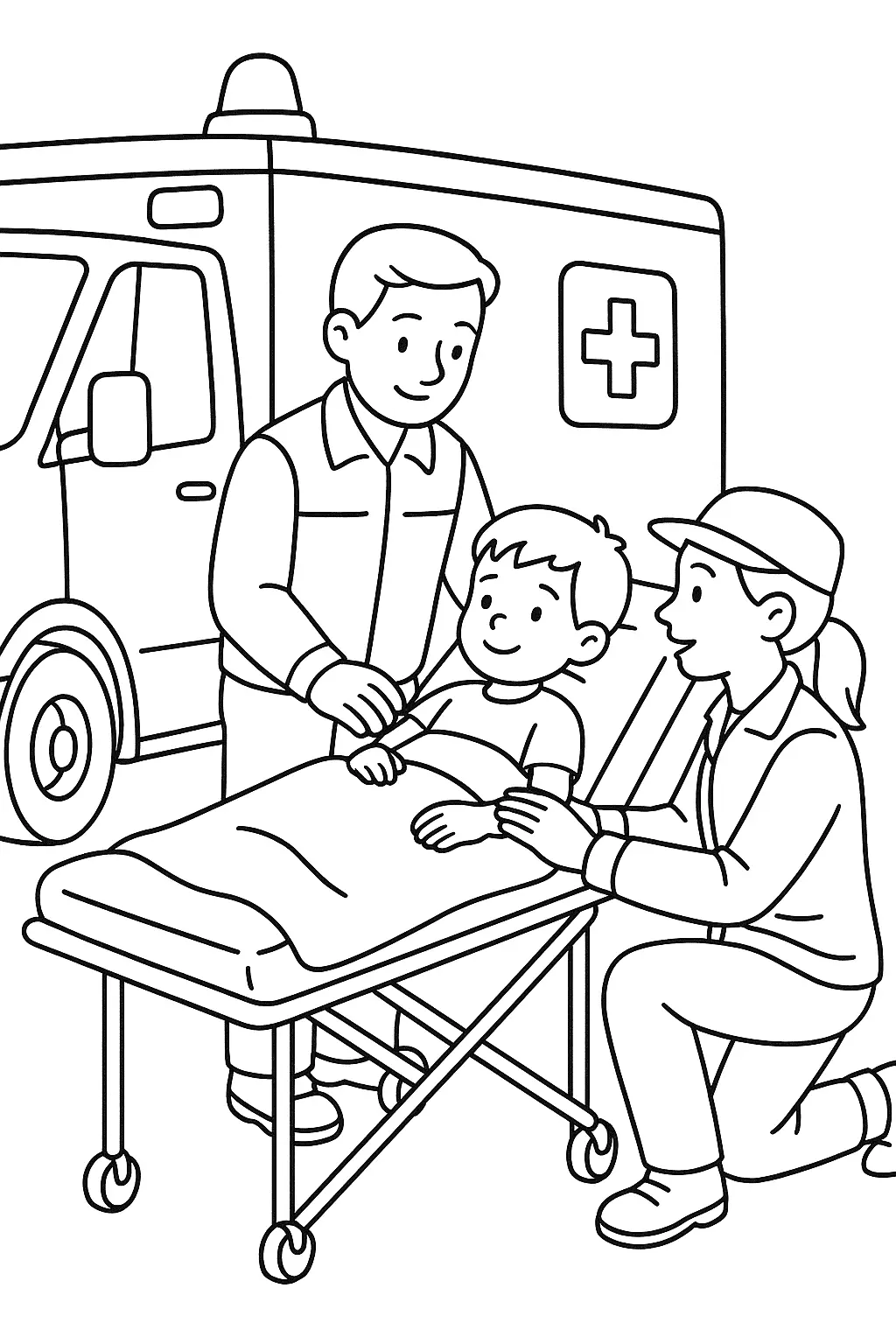 Desenho de contorno de um menino paciente sorrindo deitado em uma maca de emergência. Dois socorristas (um médico em pé e uma socorrista agachada) o atendem com gentileza. Uma ambulância com o símbolo da cruz é visível ao fundo.