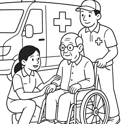 Desenho de contorno de três figuras: uma enfermeira agachada tocando o ombro de um idoso que está sentado em uma cadeira de rodas, sendo empurrado por um socorrista. A frente de uma ambulância (com o símbolo da cruz) está visível ao fundo.