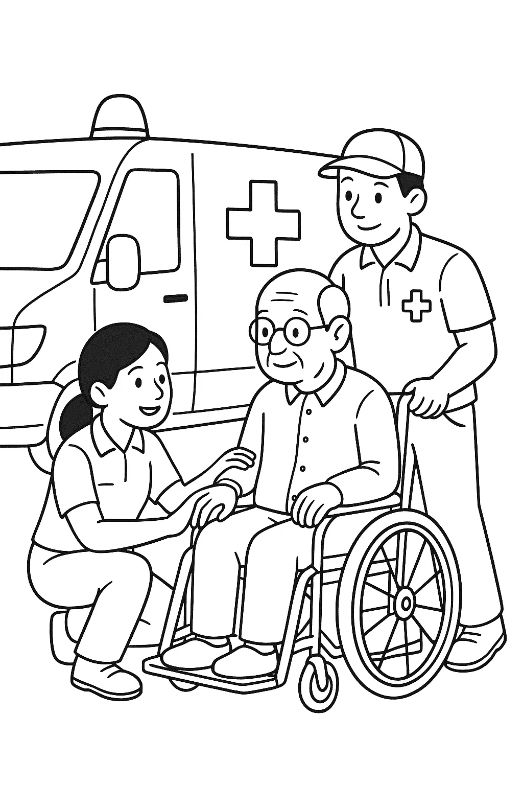 Desenho de contorno de três figuras: uma enfermeira agachada tocando o ombro de um idoso que está sentado em uma cadeira de rodas, sendo empurrado por um socorrista. A frente de uma ambulância (com o símbolo da cruz) está visível ao fundo.