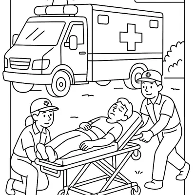 Desenho de contorno de dois socorristas (paramédicos) em uniforme, transportando um rapaz deitado em uma maca de emergência com rodas sobre o chão gramado. A ambulância (com luzes acesas e o símbolo da cruz) está estacionada ao fundo.