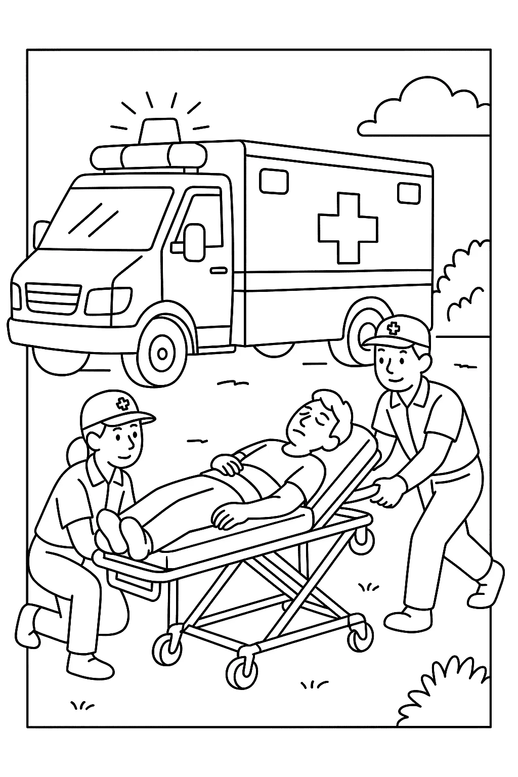 Desenho de contorno de dois socorristas (paramédicos) em uniforme, transportando um rapaz deitado em uma maca de emergência com rodas sobre o chão gramado. A ambulância (com luzes acesas e o símbolo da cruz) está estacionada ao fundo.
