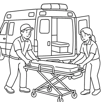 Desenho de contorno de dois paramédicos (um homem com boné e uma mulher) em uniforme, lado a lado, ajustando ou preparando uma maca de emergência com rodas. A ambulância com o giroflex no teto e as portas traseiras abertas está estacionada logo atrás.