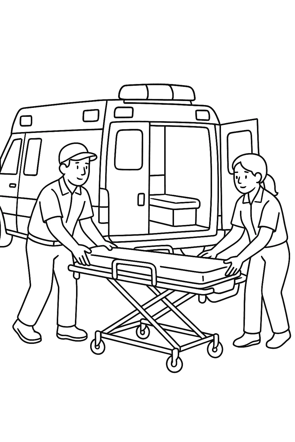 Desenho de contorno de dois paramédicos (um homem com boné e uma mulher) em uniforme, lado a lado, ajustando ou preparando uma maca de emergência com rodas. A ambulância com o giroflex no teto e as portas traseiras abertas está estacionada logo atrás.