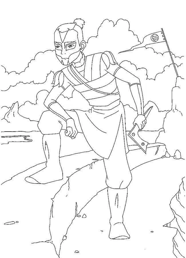 Desenho de contorno em preto e branco de Sokka, do desenho Avatar, segurando um bumerangue, vestindo trajes de guerreiro da Tribo da Água em um cenário ao ar livre.