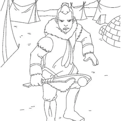 Desenho de contorno em preto e branco de Sokka, de Avatar: A Lenda de Aang, em posição de combate segurando uma arma de madeira, com iglus e tendas ao fundo.