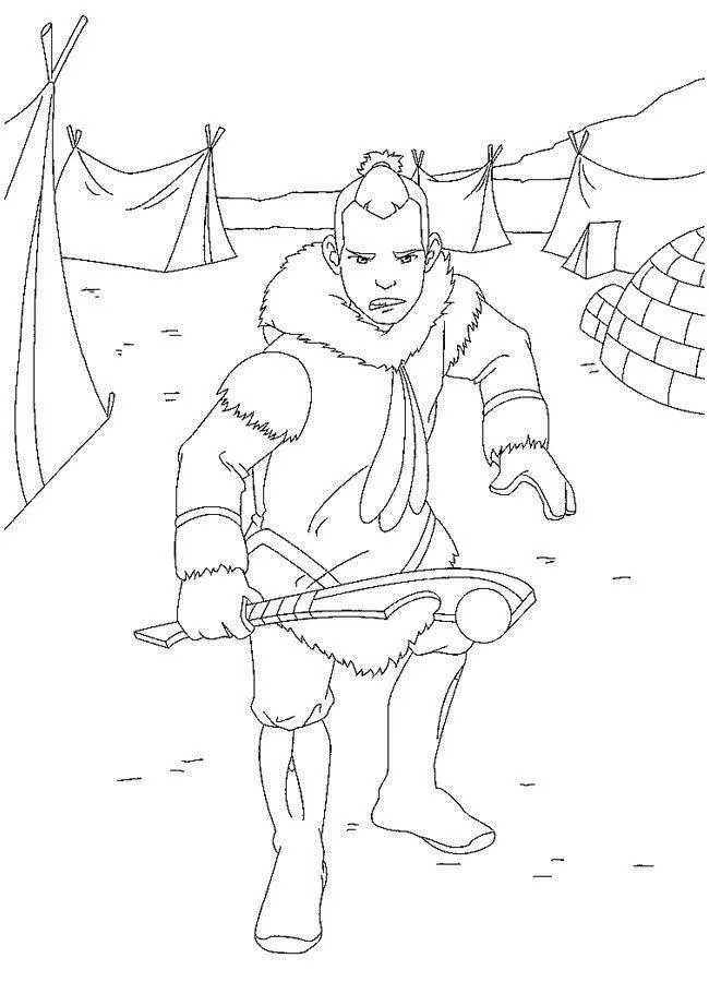 Desenho de contorno em preto e branco de Sokka, de Avatar: A Lenda de Aang, em posição de combate segurando uma arma de madeira, com iglus e tendas ao fundo.