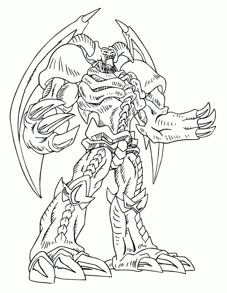 Desenho de contorno em preto e branco do monstro Summoned Skull de Yu-Gi-Oh!, mostrando seus chifres, asas de morcego e corpo musculoso esquelético.