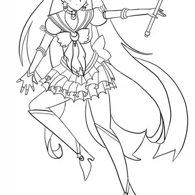 Desenho de contorno em preto e branco de Super Sailor Moon levitando, segurando um cetro mágico decorado com um coração, vestindo uniforme de marinheira com saia em camadas e longos cabelos.