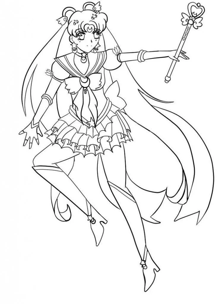 Desenho de contorno em preto e branco de Super Sailor Moon levitando, segurando um cetro mágico decorado com um coração, vestindo uniforme de marinheira com saia em camadas e longos cabelos.