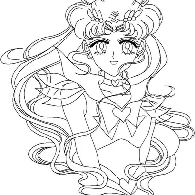 Desenho de contorno em preto e branco do busto da Super Sailor Moon, mostrando cabelos longos e fluidos, tiara lunar e broche de coração no laço.