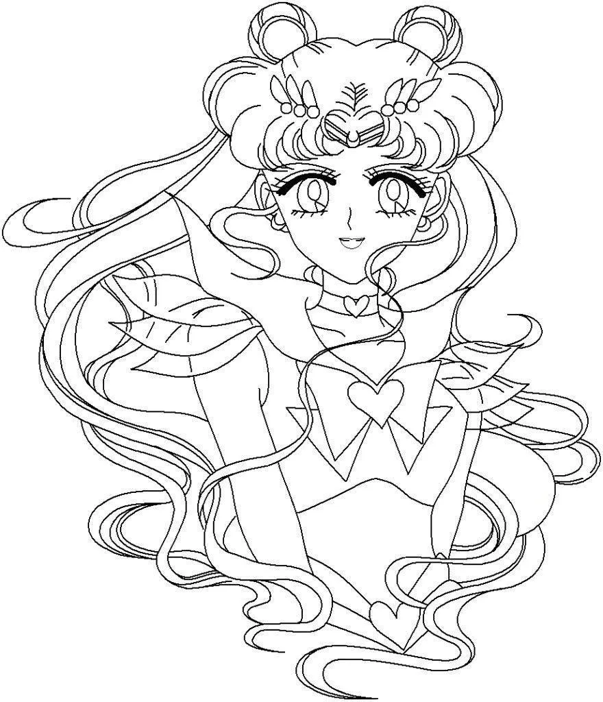 Desenho de contorno em preto e branco do busto da Super Sailor Moon, mostrando cabelos longos e fluidos, tiara lunar e broche de coração no laço.
