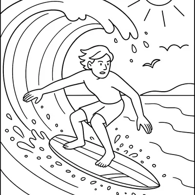 Desenho de contorno de um jovem surfista em uma prancha dentro de uma onda grande e curvada, com respingos de água, sol radiante e gaivotas.