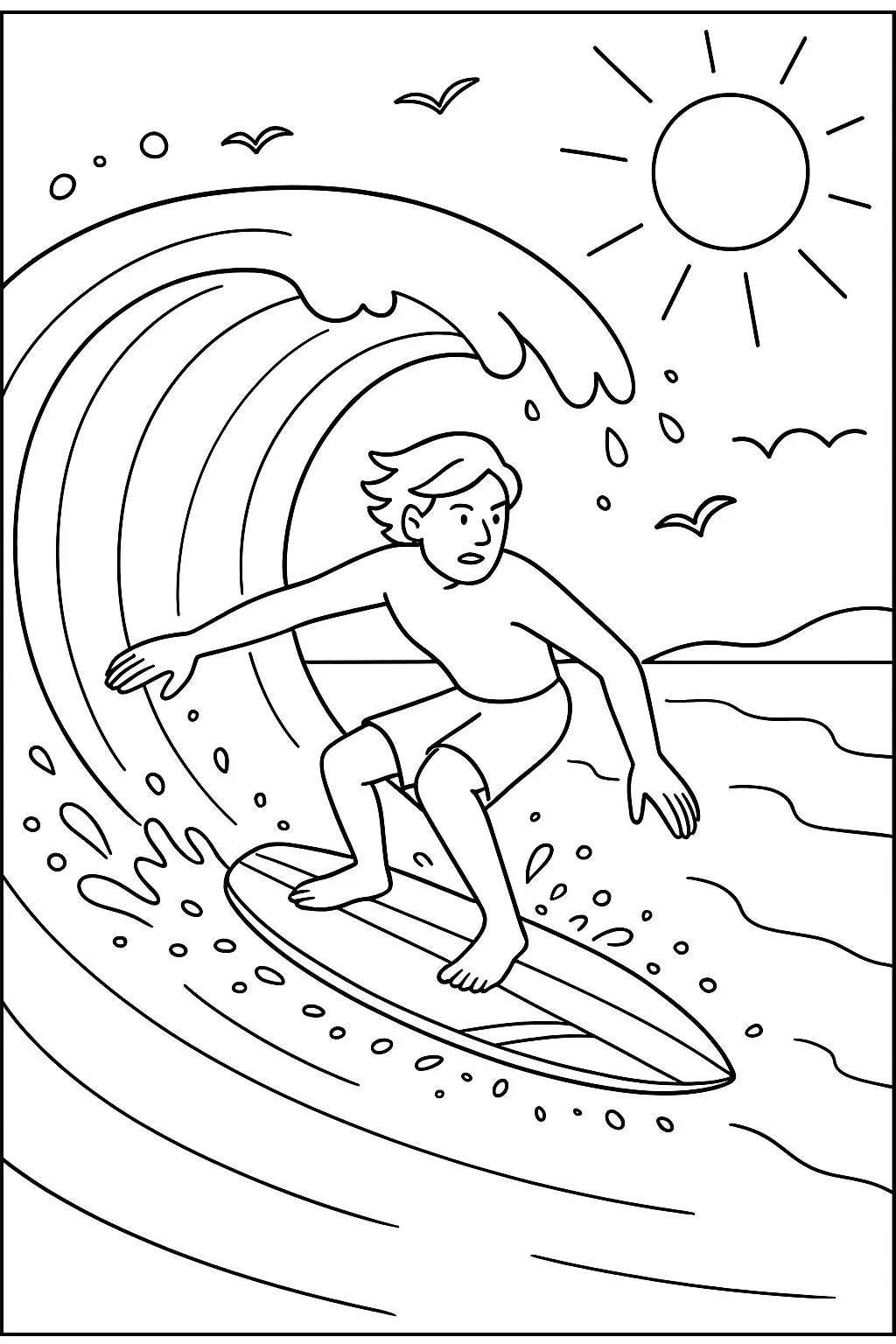 Desenho de contorno de um jovem surfista em uma prancha dentro de uma onda grande e curvada, com respingos de água, sol radiante e gaivotas.