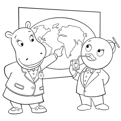 Desenho de contorno em preto e branco da hipopótamo Tasha usando um blazer e apontando para um grande mapa-múndi ao fundo, ao lado do pinguim Pablo de terno bebendo suco de caixinha.
