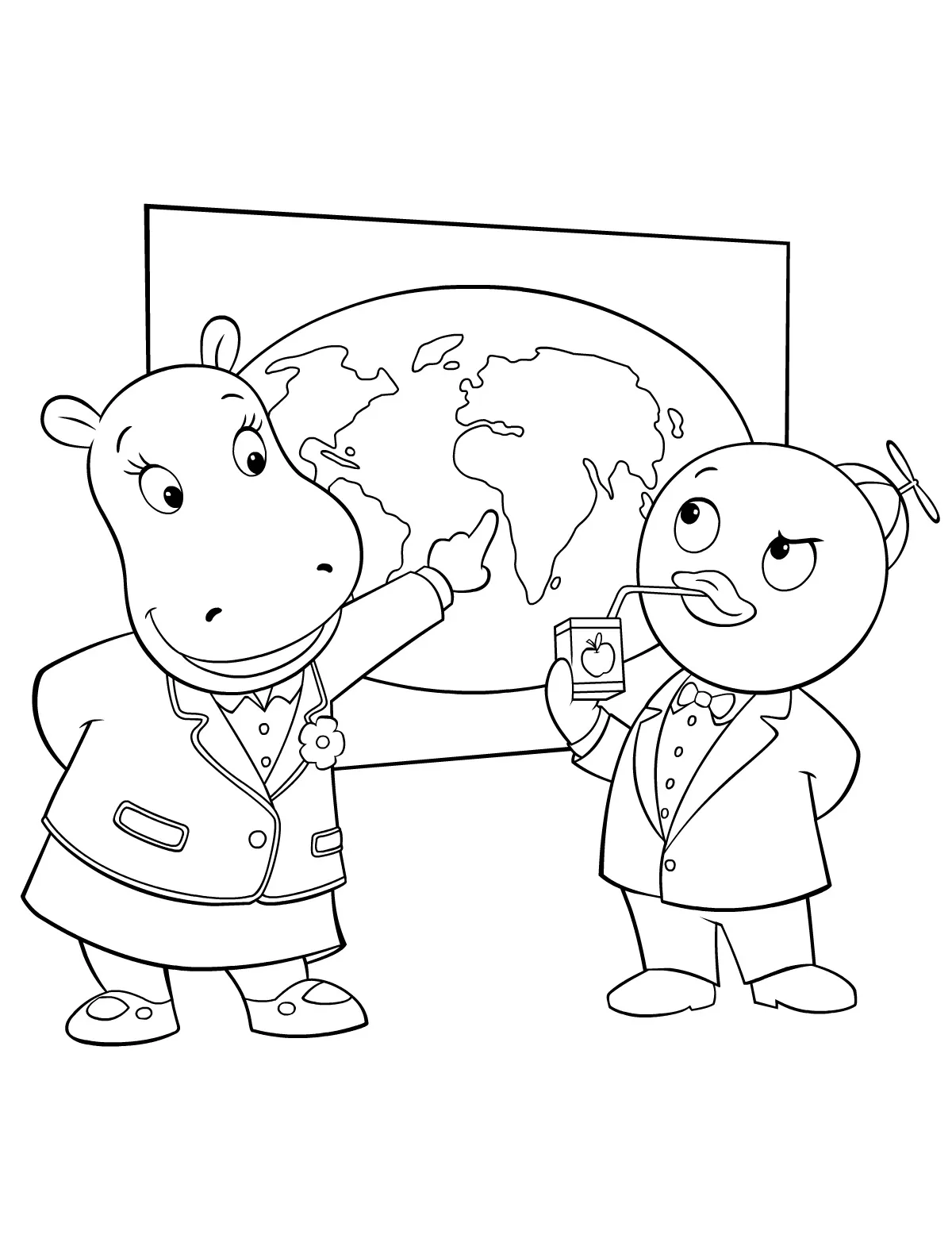 Desenho de contorno em preto e branco da hipopótamo Tasha usando um blazer e apontando para um grande mapa-múndi ao fundo, ao lado do pinguim Pablo de terno bebendo suco de caixinha.