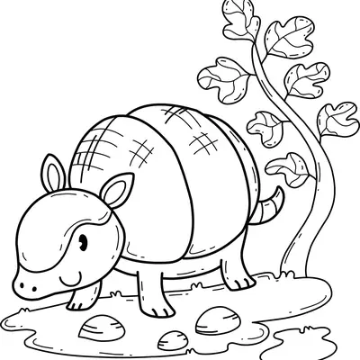 Desenho de contorno em preto e branco de um tatu fofo caminhando em um terreno com pedras, ao lado de uma pequena árvore com folhas detalhadas.