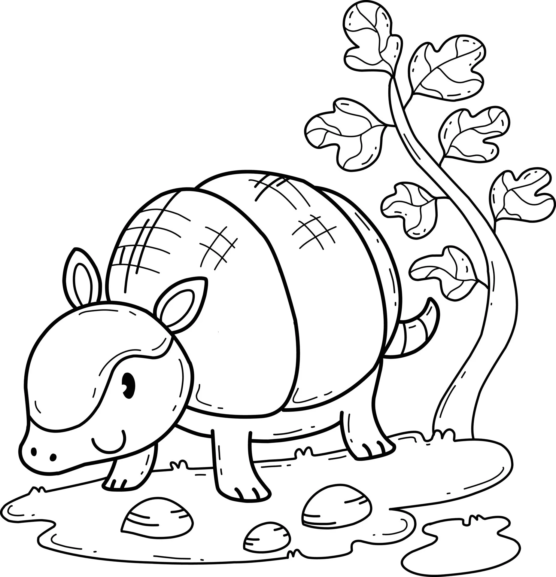 Desenho de contorno em preto e branco de um tatu fofo caminhando em um terreno com pedras, ao lado de uma pequena árvore com folhas detalhadas.