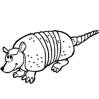 Desenho de contorno em preto e branco de um tatu em estilo cartoon, com olhos grandes, focinho preto e carapaça decorada com pequenas marcas de escamas.