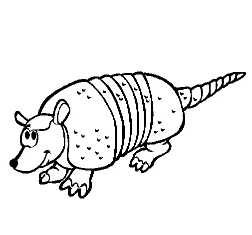 Desenho de contorno em preto e branco de um tatu em estilo cartoon, com olhos grandes, focinho preto e carapaça decorada com pequenas marcas de escamas.