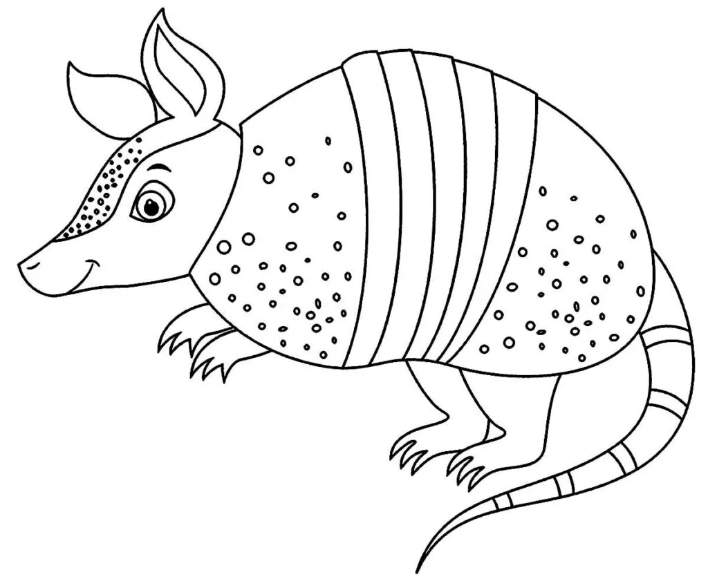 Desenho de contorno em preto e branco de um tatu de perfil, com orelhas grandes, focinho fino e carapaça decorada com pequenos círculos e faixas verticais.