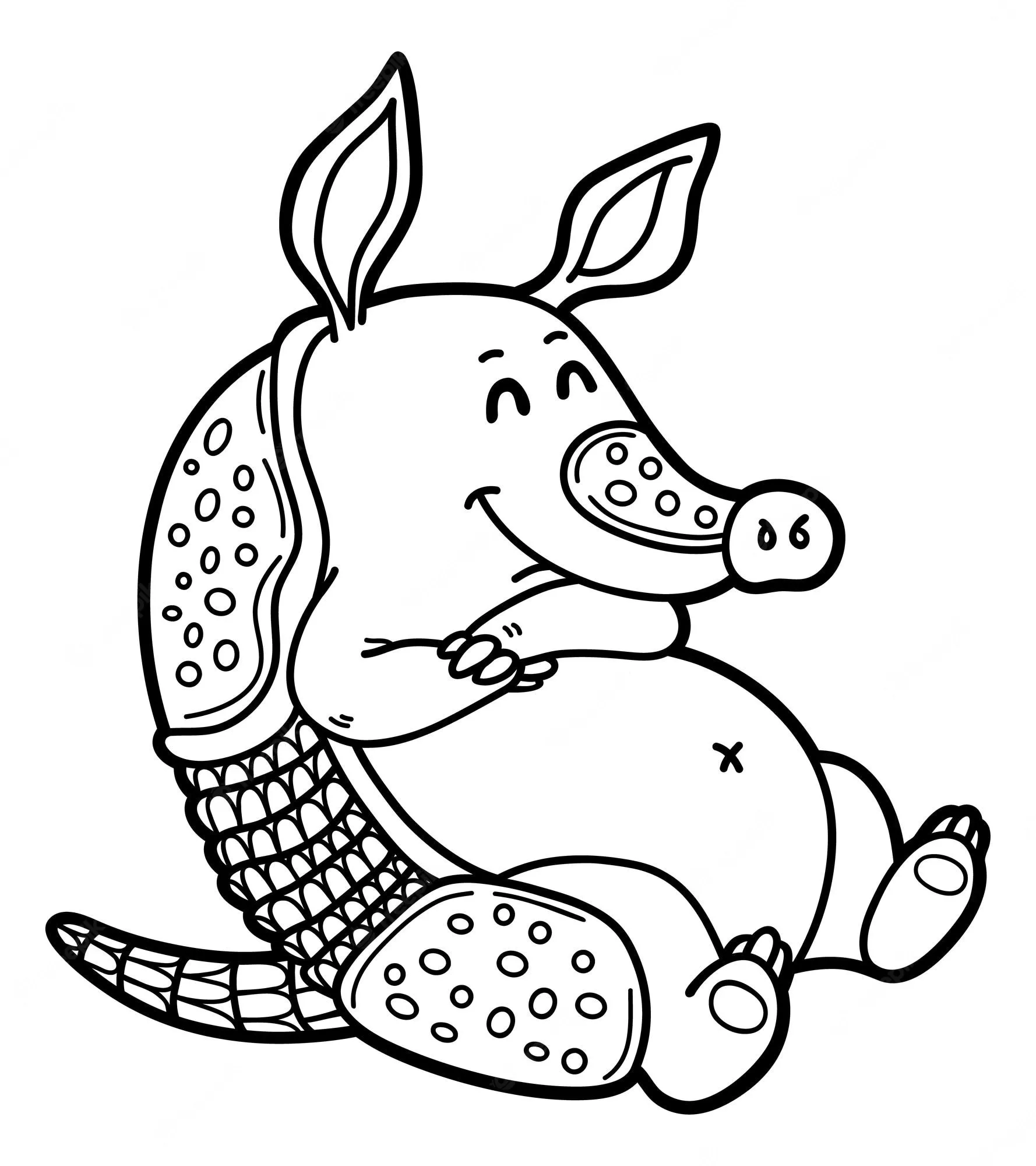 Desenho de contorno em preto e branco de um tatu sentado com a barriga para a frente, patas cruzadas, orelhas grandes e carapaça com padrões circulares.