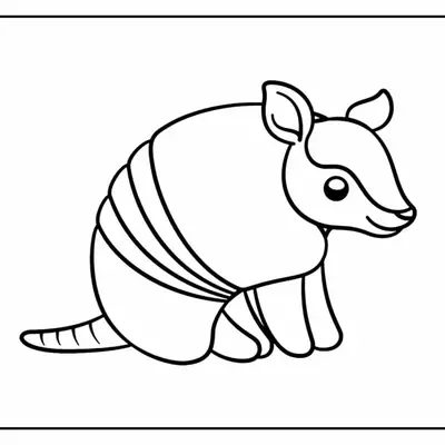Desenho de contorno preto e branco de um tatu fofo sentado, com foco na carapaça listrada e formas arredondadas, estilo minimalista.