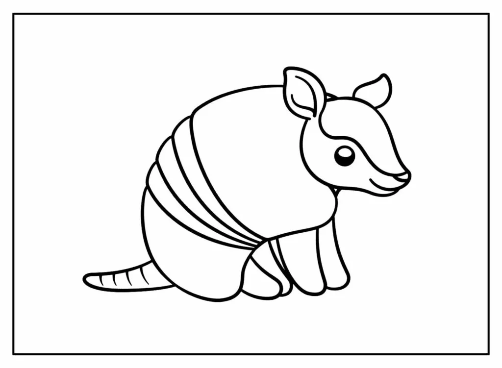 Desenho de contorno preto e branco de um tatu fofo sentado, com foco na carapaça listrada e formas arredondadas, estilo minimalista.