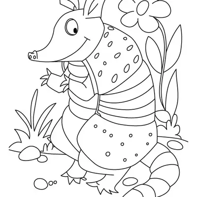 Desenho de contorno em preto e branco de um tatu em pé sobre duas patas traseiras, com uma carapaça pintalgada, ao lado de uma flor grande e grama.